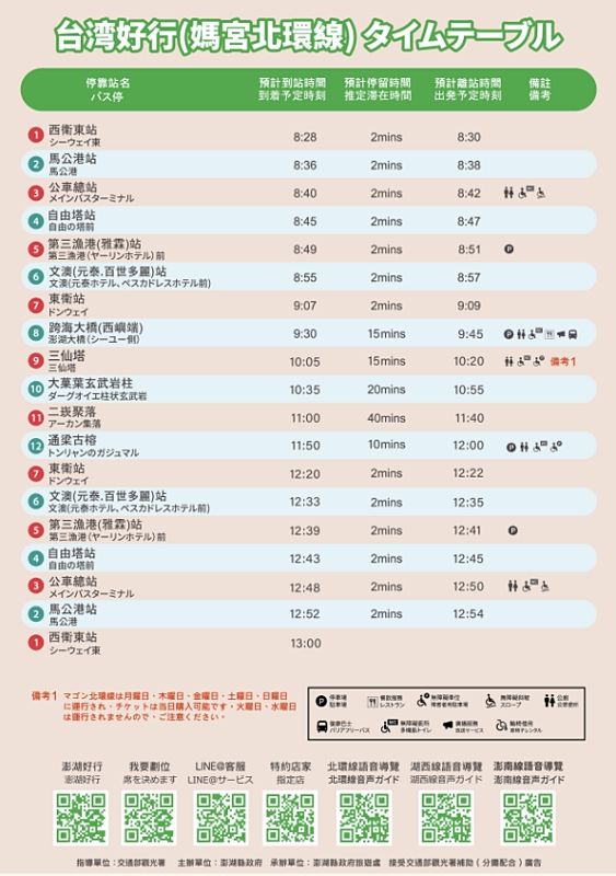 台湾好行バス 媽宮・北環線の時刻表（2025年版）