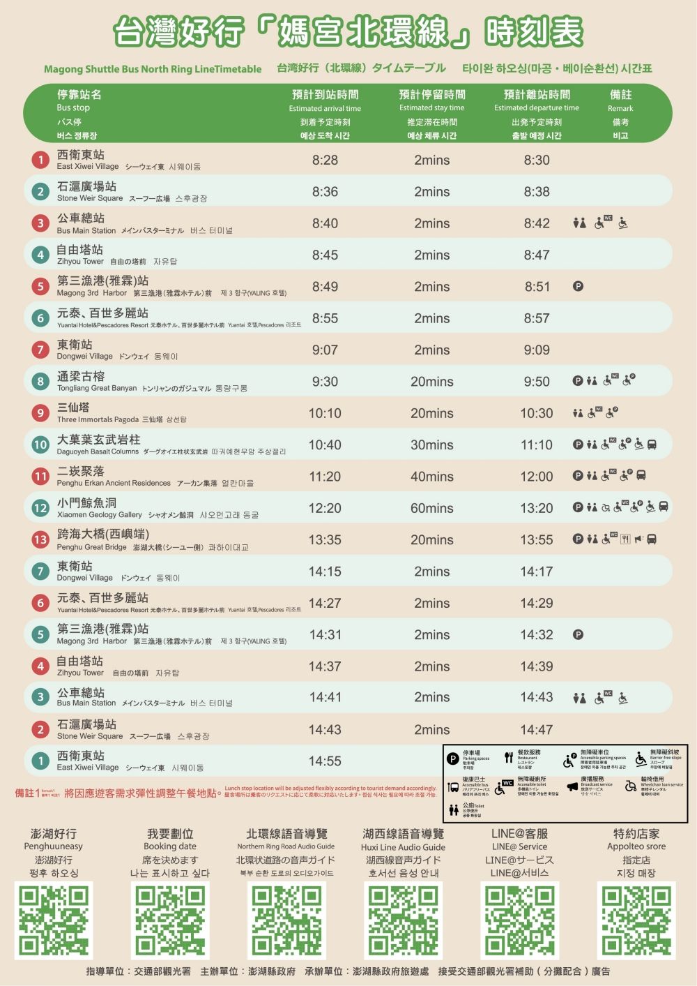台湾好行バス 媽宮・北環線の時刻表（2024年版）